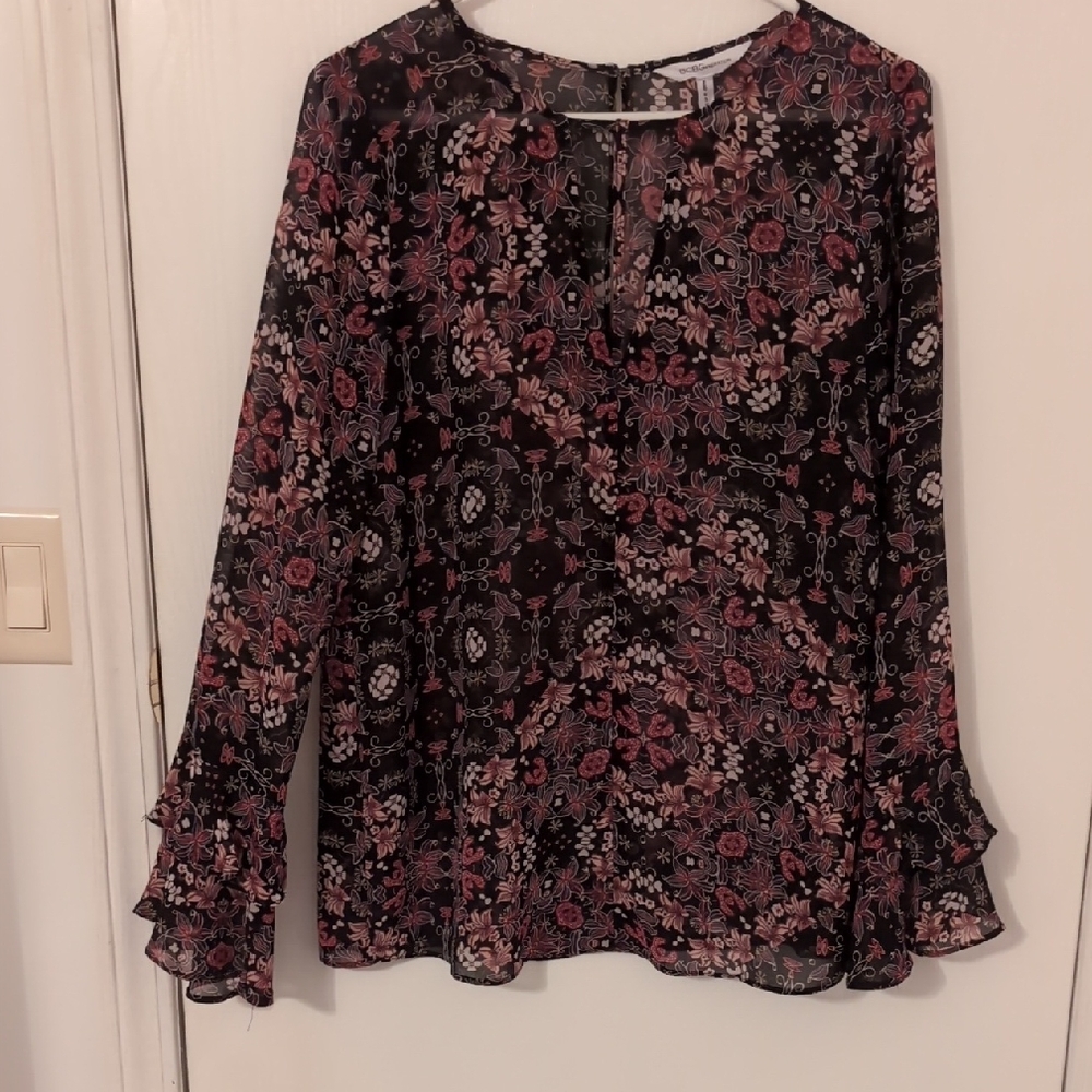 BCBGeneration Black and Pink Ruffled Long Sleeve Blouse